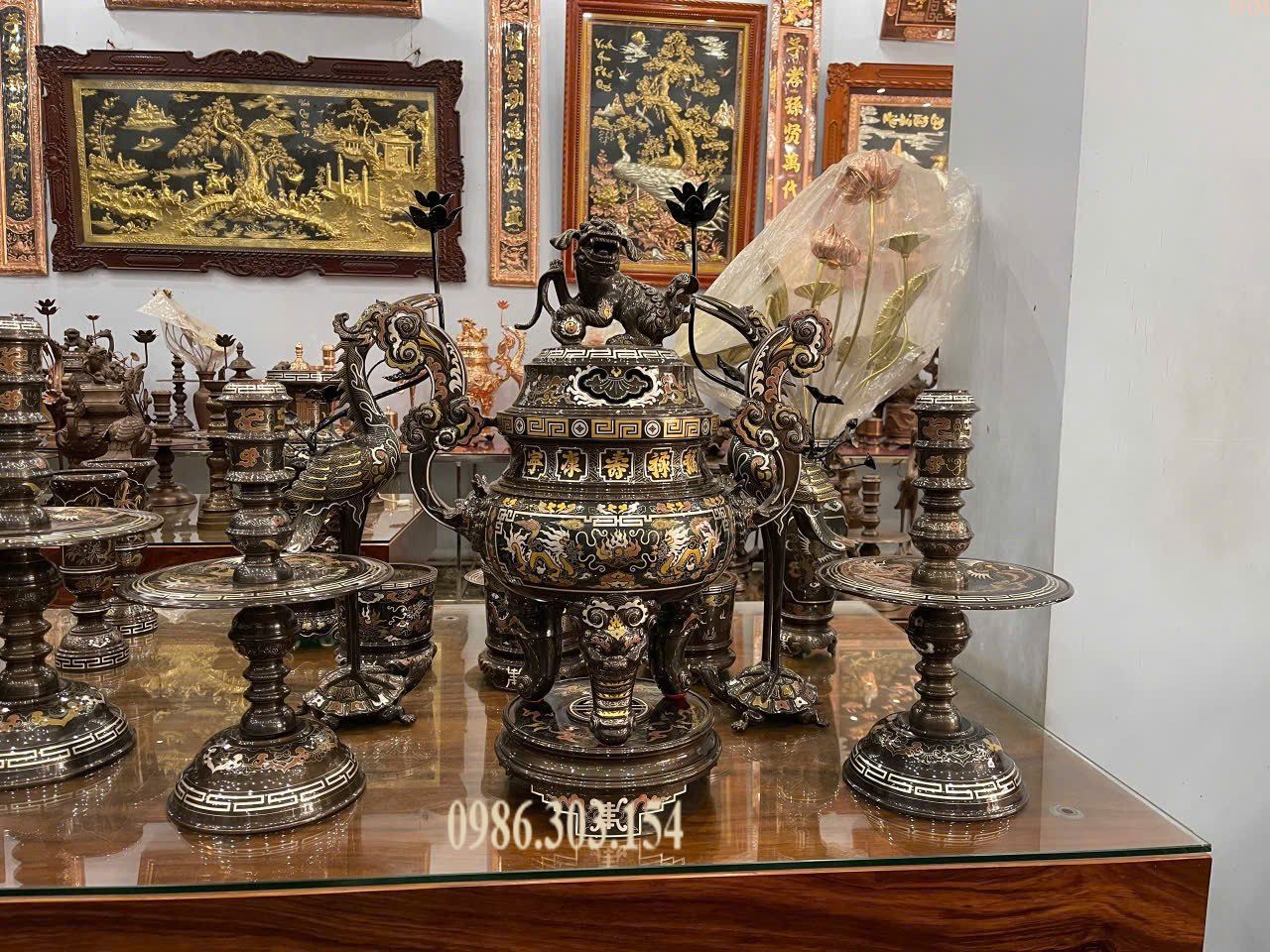 Đỉnh đồng 65cm khảm ngũ sắc ngũ sự