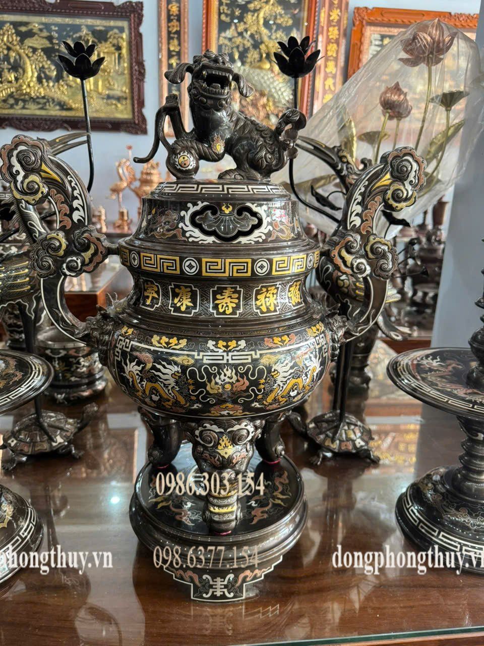 Đỉnh đồng 65cm khảm ngũ sắc ngũ sự