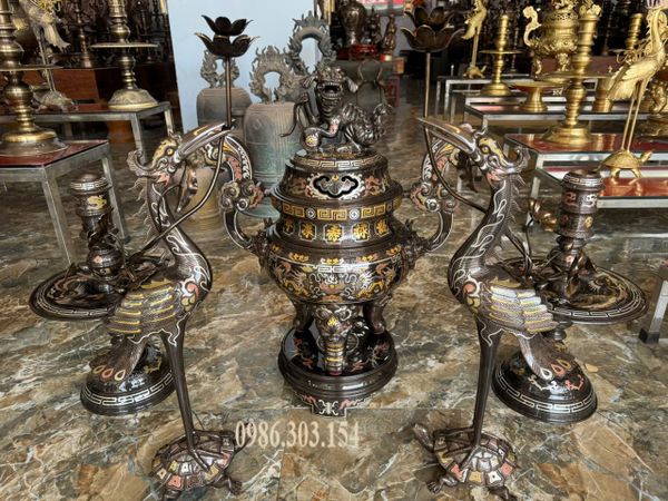 Đỉnh đồng 65cm khảm ngũ sắc ngũ sự