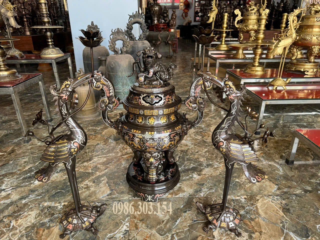 Đỉnh đồng 65cm khảm ngũ sắc ngũ sự