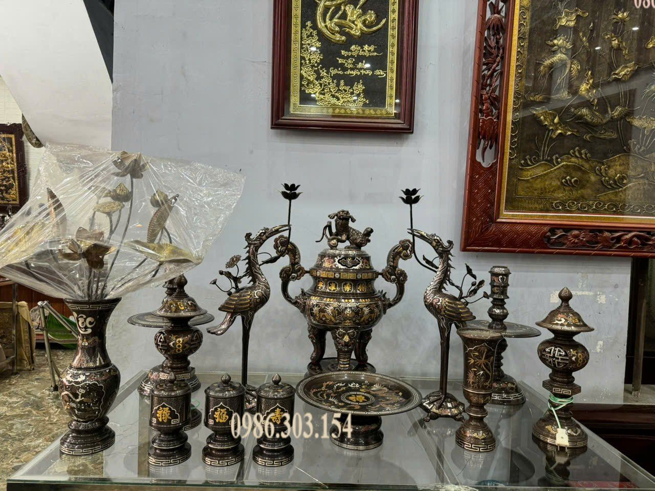 Đỉnh đồng 65cm khảm ngũ sắc ngũ sự