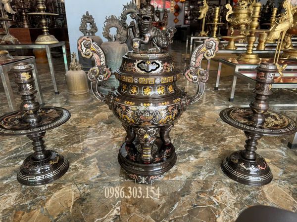 Đỉnh đồng 65cm khảm ngũ sắc ngũ sự