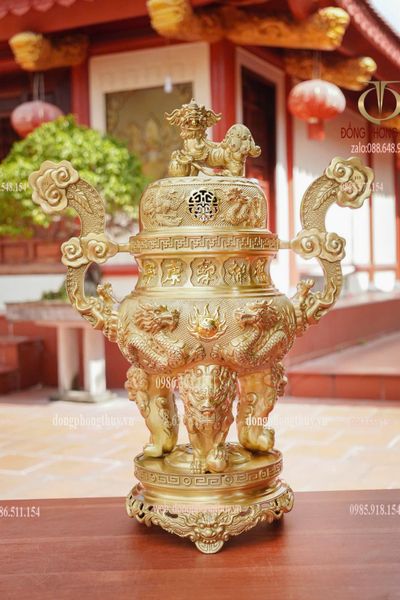 Bộ đỉnh đồng ngũ sự 65cm lưỡng long chầu nguyệt 34kg