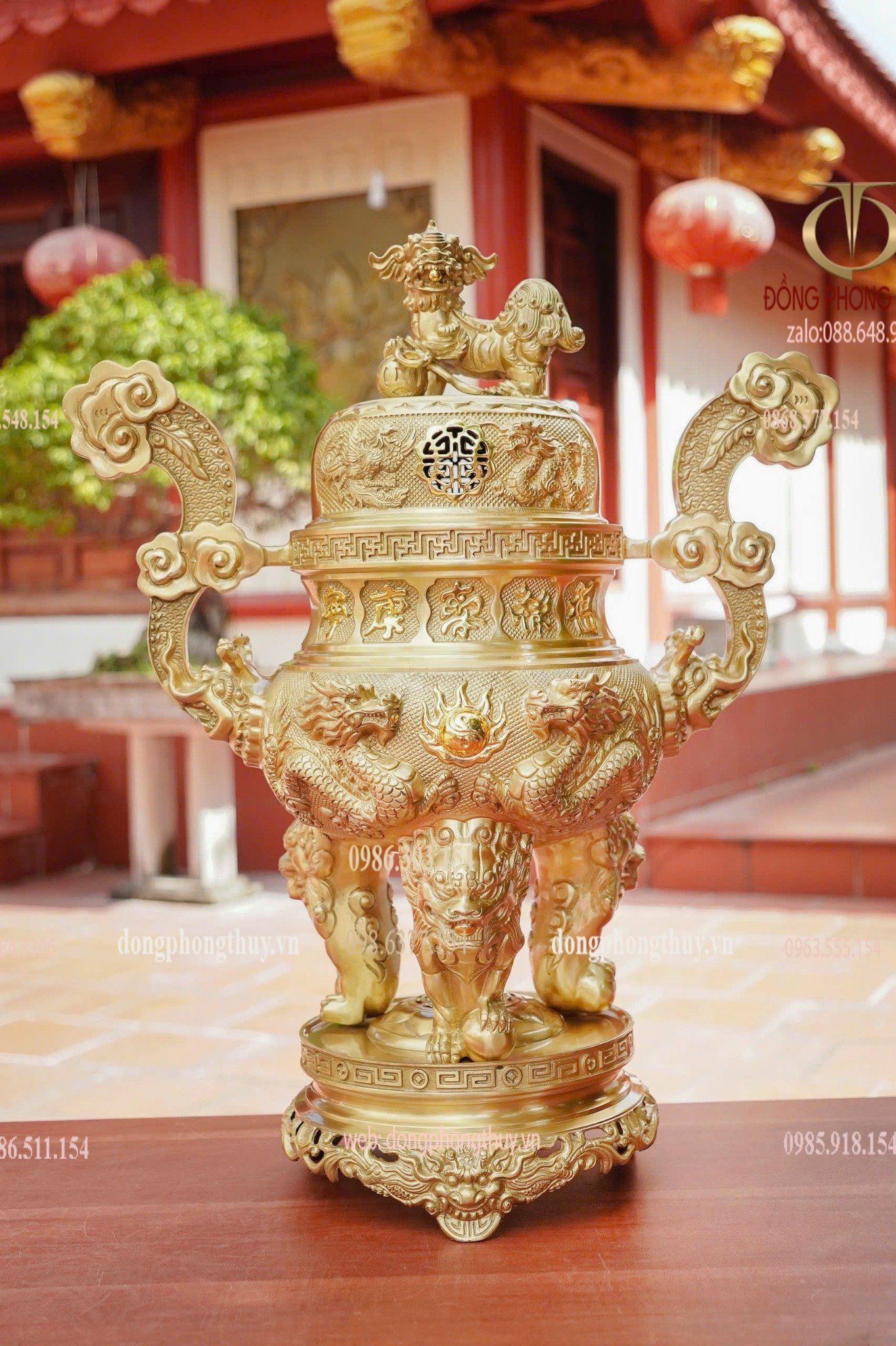 Bộ đỉnh đồng ngũ sự 65cm lưỡng long chầu nguyệt