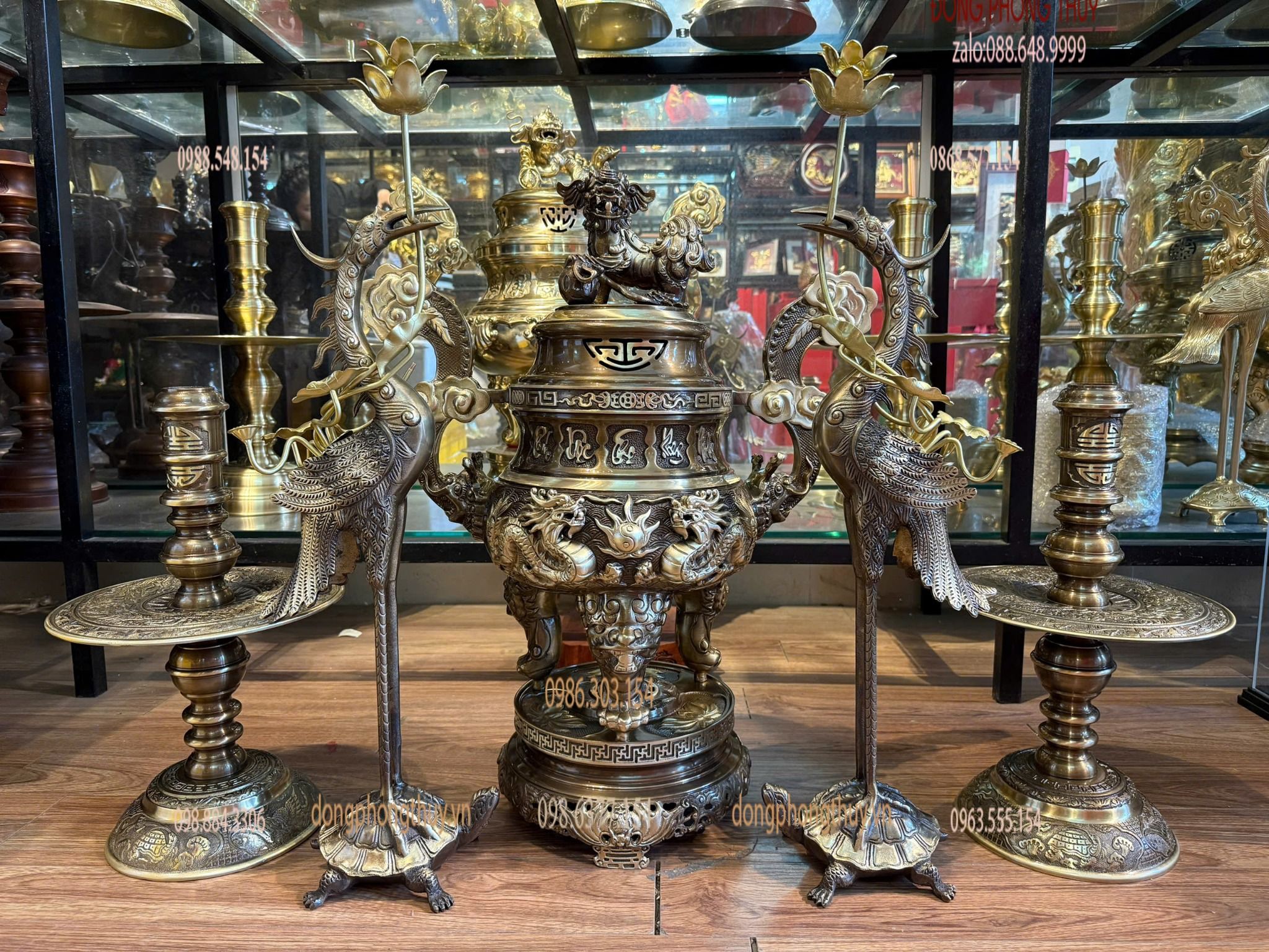 Bộ đỉnh đồng ngũ sự 65cm song long chầu nguyệt