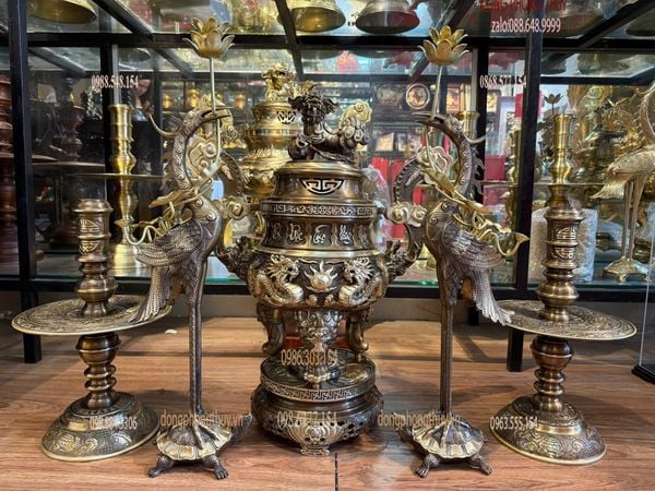 Bộ đỉnh đồng ngũ sự 65cm song long chầu nguyệt