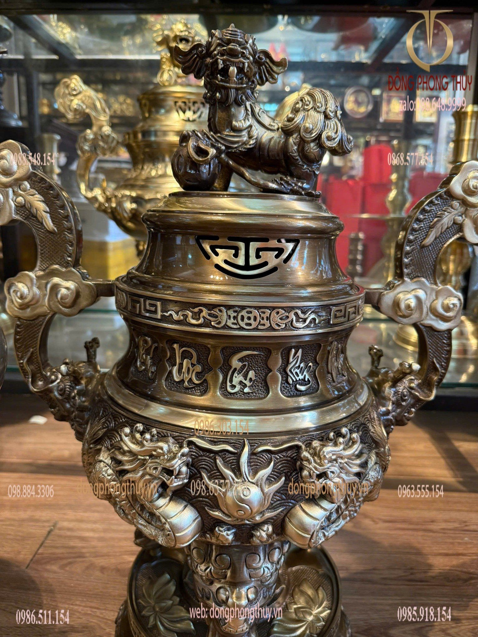 Bộ đỉnh đồng ngũ sự 65cm song long chầu nguyệt