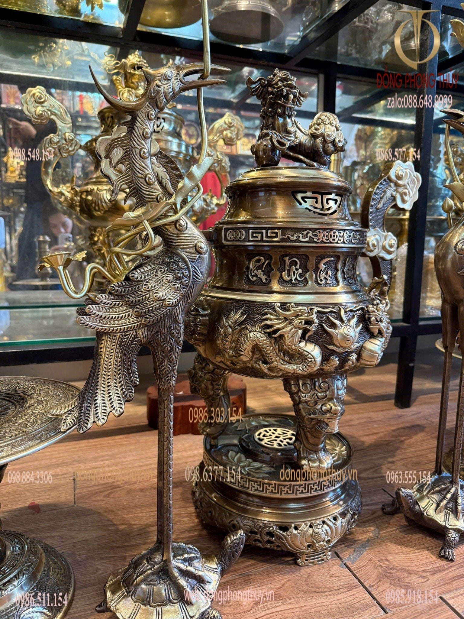 Bộ đỉnh đồng ngũ sự 65cm song long chầu nguyệt