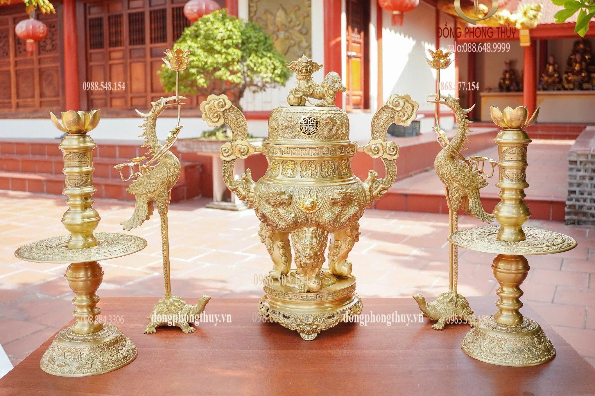 Bộ đỉnh đồng ngũ sự 65cm lưỡng long chầu nguyệt