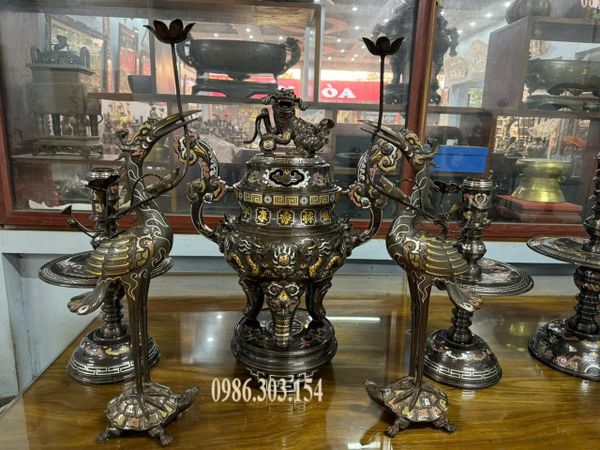 Đỉnh đồng 65cm ngũ sự khảm ngũ sắc rồng nổi