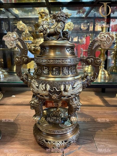 Bộ đỉnh đồng ngũ sự 65cm song long chầu nguyệt