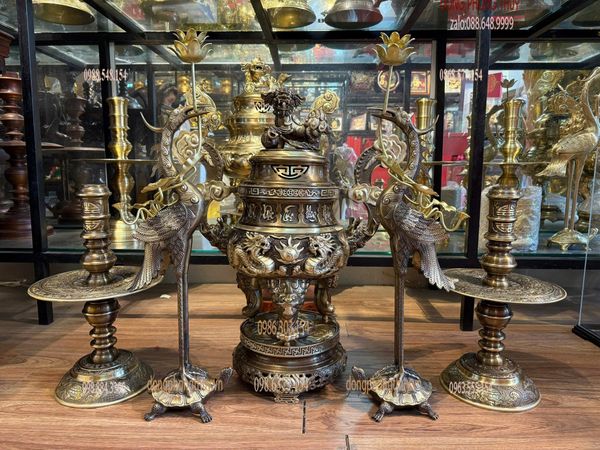 Bộ đỉnh đồng ngũ sự 65cm song long chầu nguyệt