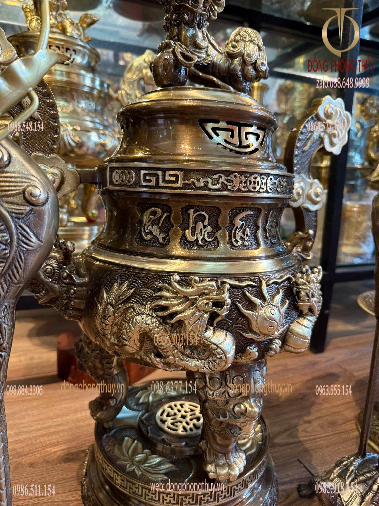 Bộ đỉnh đồng ngũ sự 65cm song long chầu nguyệt