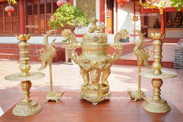 Bộ đỉnh đồng ngũ sự 65cm lưỡng long chầu nguyệt 34kg