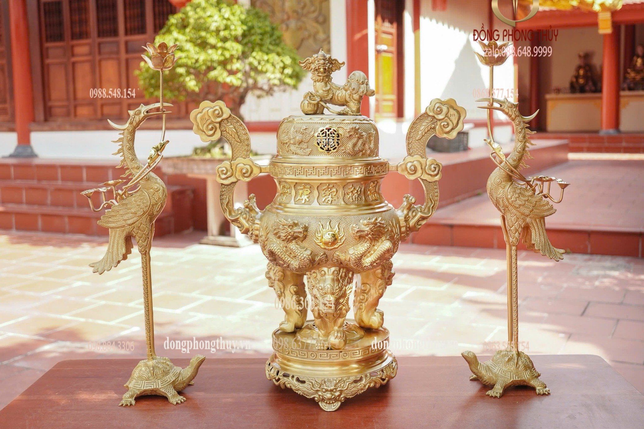 Bộ đỉnh đồng ngũ sự 65cm lưỡng long chầu nguyệt