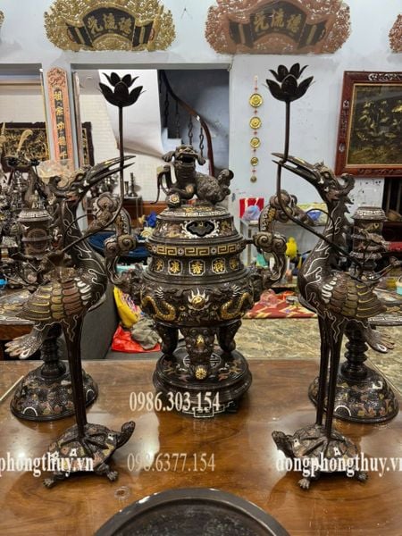 Bộ ngũ sự đỉnh rồng nổi 70cm nặng 62kg khảm ngũ sắc