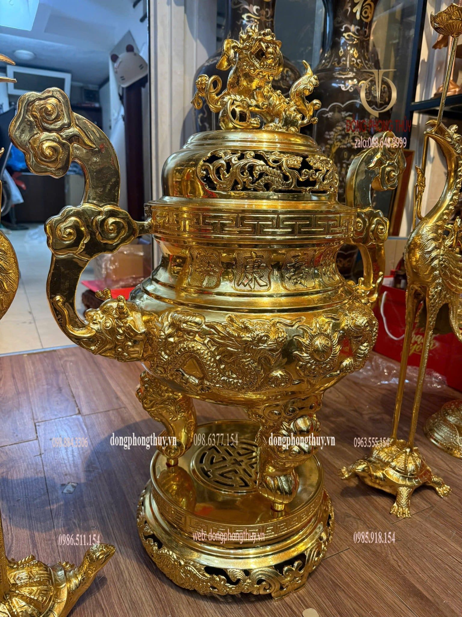 Bộ đỉnh đồng ngũ sự 80cm đồng cát tút dát vàng 24k