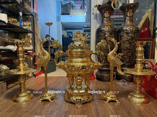Bộ đỉnh đồng ngũ sự 80cm đồng cát tút dát vàng 24k