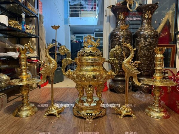 Bộ đỉnh đồng ngũ sự 80cm đồng cát tút dát vàng 24k