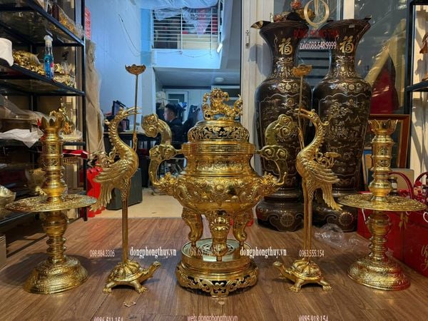 Bộ đỉnh đồng ngũ sự 80cm đồng cát tút dát vàng 24k