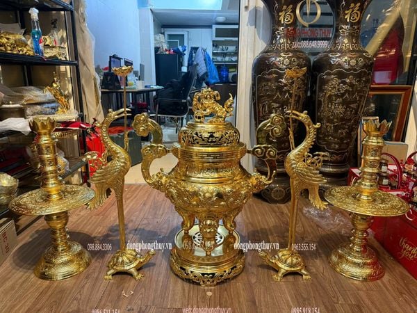 Bộ đỉnh đồng ngũ sự 80cm đồng cát tút dát vàng 24k