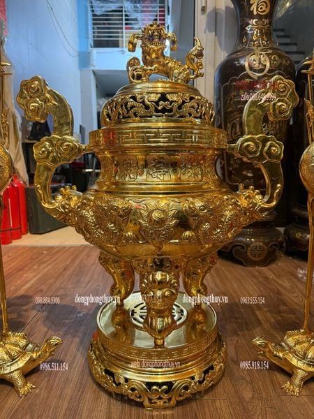 Bộ đỉnh đồng ngũ sự 80cm đồng cát tút dát vàng 24k