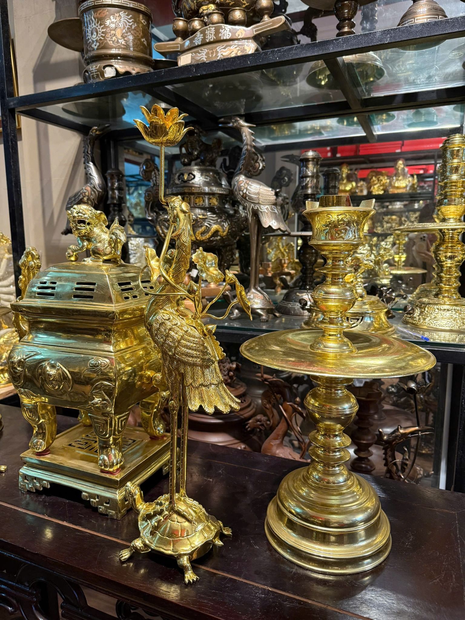 Bộ ngũ sự đỉnh đồng vuông 55cm dát vàng