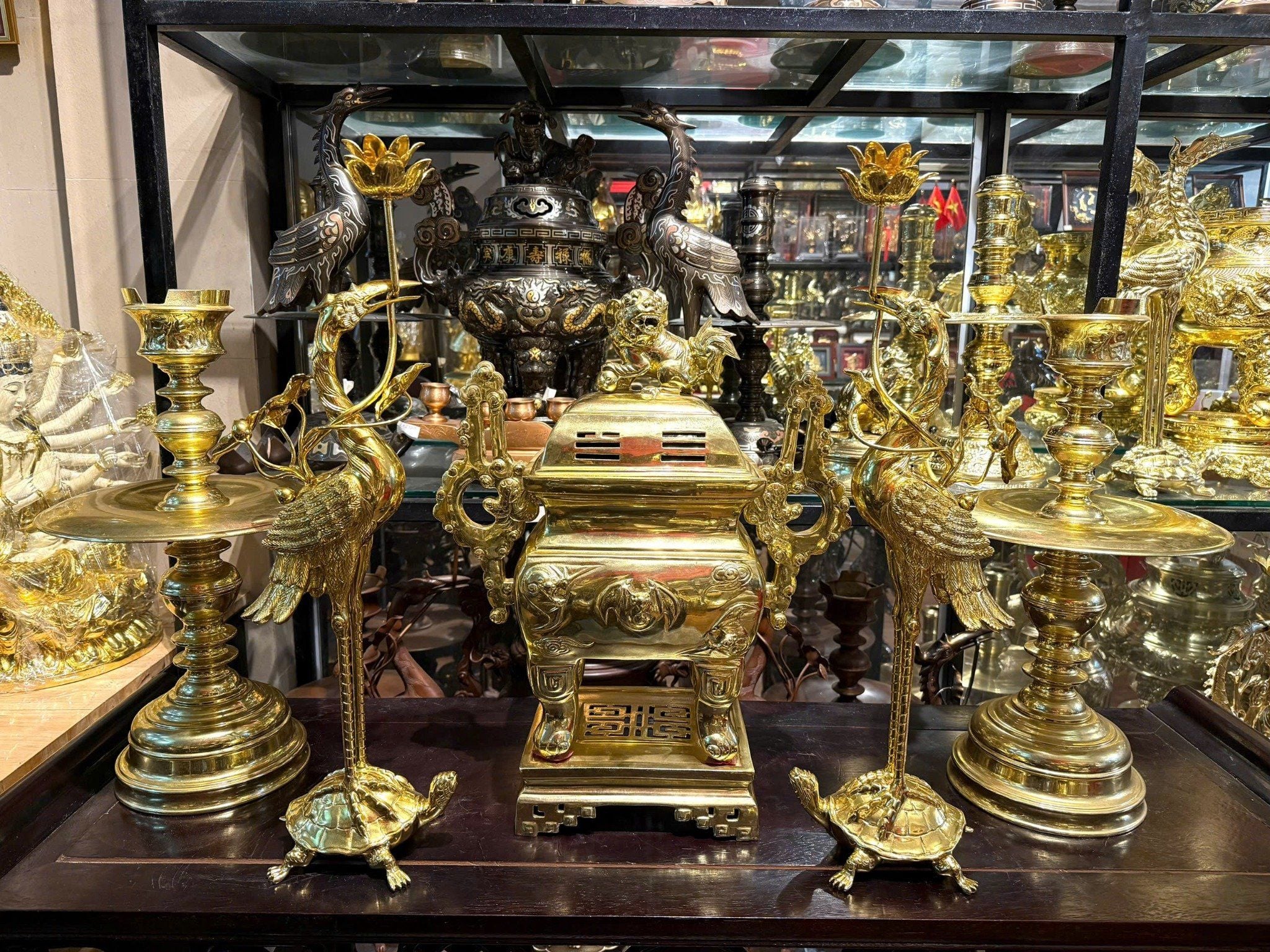 Bộ ngũ sự đỉnh đồng vuông 55cm dát vàng