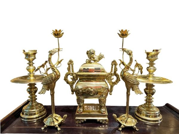 Bộ ngũ sự đỉnh đồng vuông 55cm dát vàng