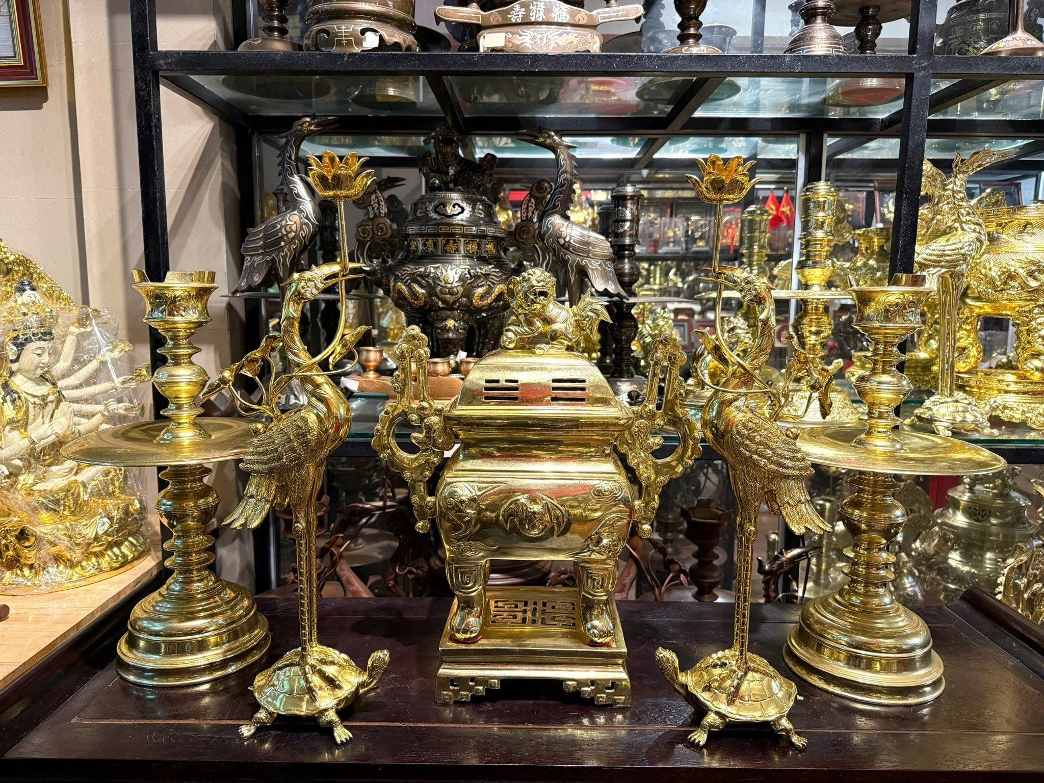 Bộ ngũ sự đỉnh đồng vuông 55cm dát vàng