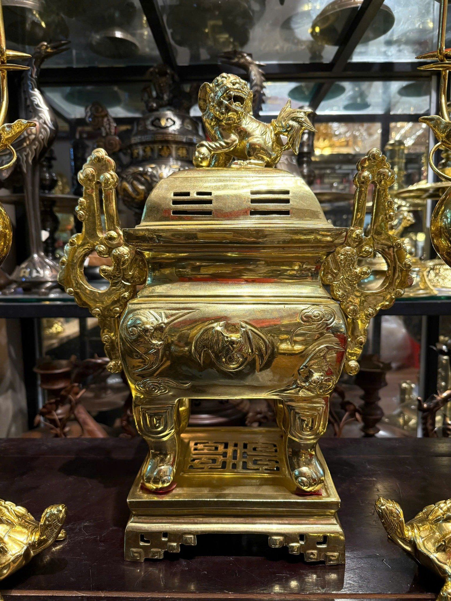 Bộ ngũ sự đỉnh đồng vuông 55cm dát vàng