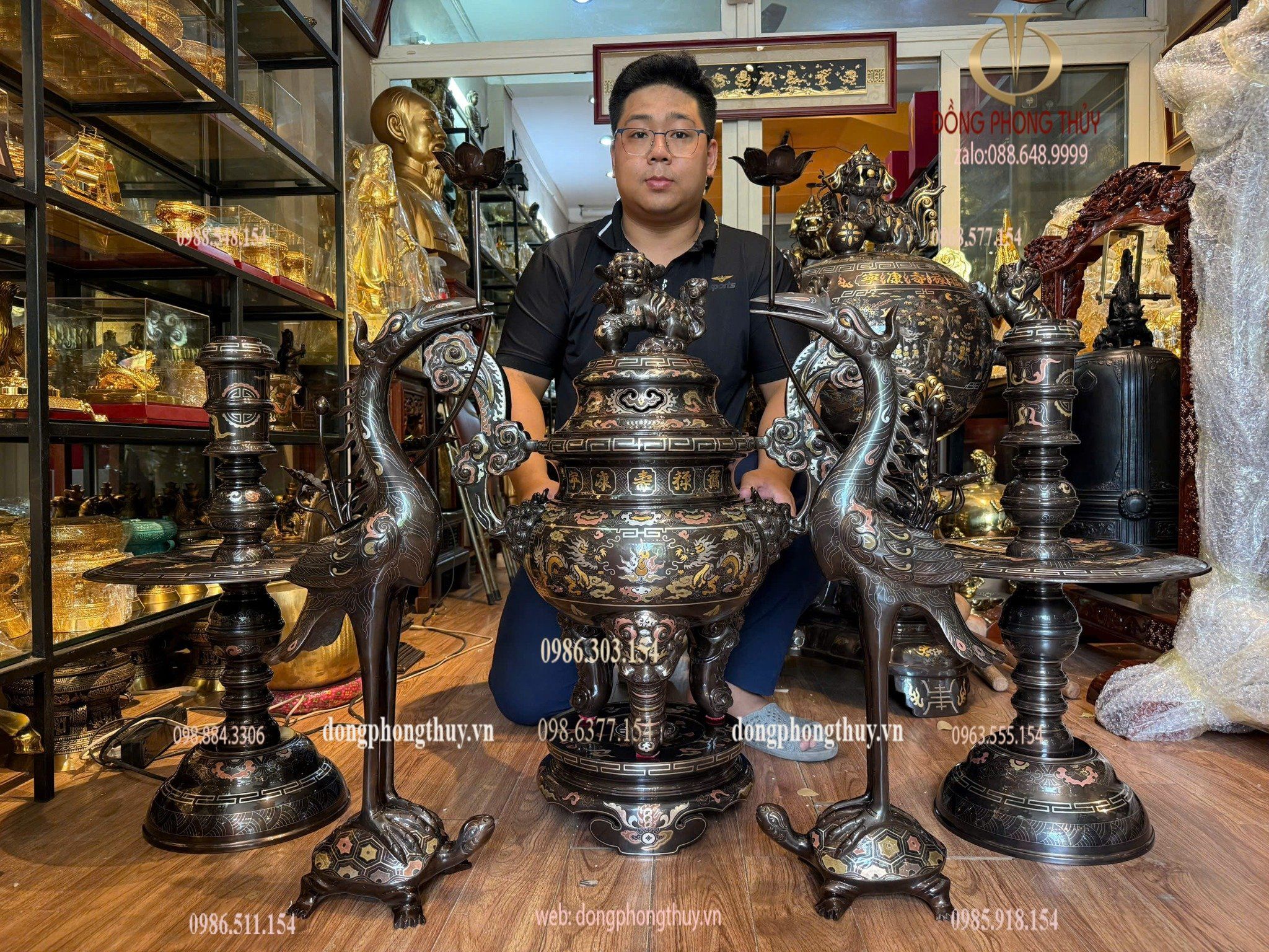 Bộ đỉnh đồng khảm ngũ sắc 80cm nặng 110kg