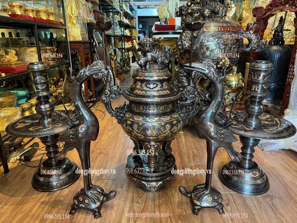 Bộ đỉnh đồng khảm ngũ sắc 80cm nặng 110kg