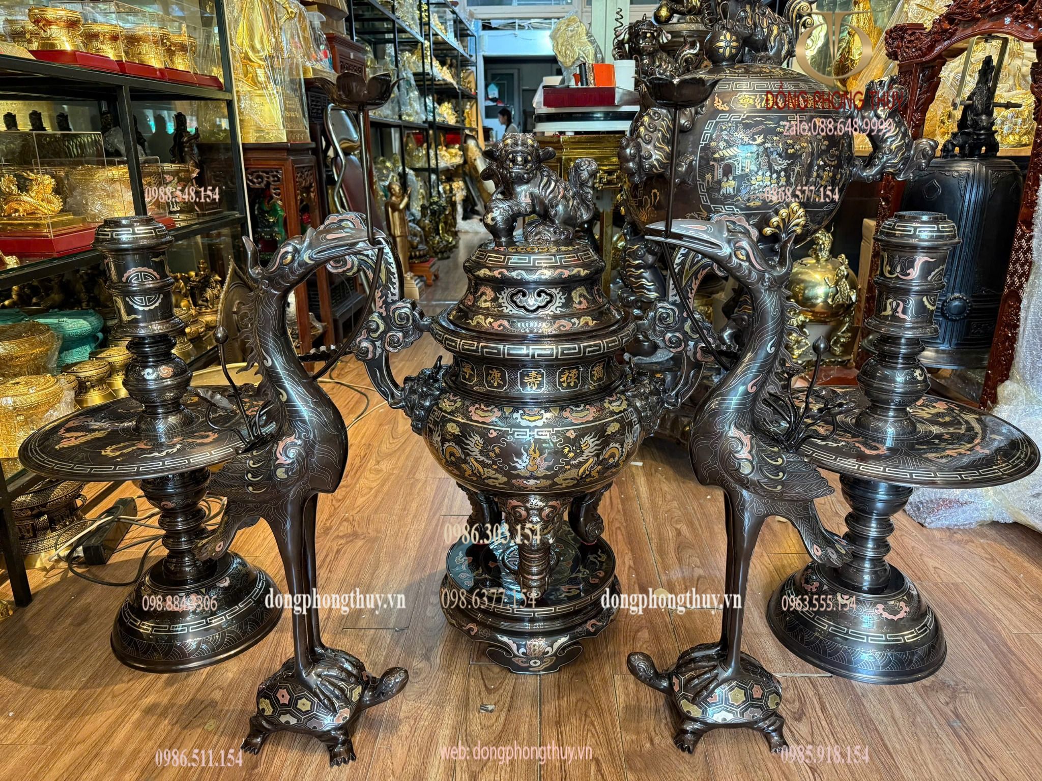 Bộ đỉnh đồng khảm ngũ sắc 80cm nặng 110kg