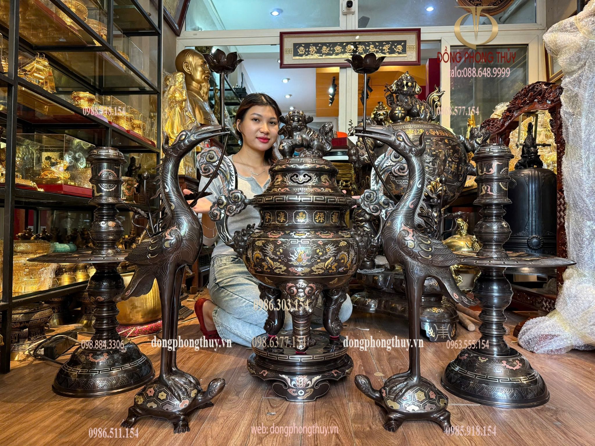 Bộ đỉnh đồng khảm ngũ sắc 80cm nặng 110kg