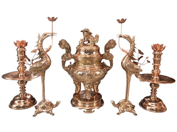 Bộ ngũ sự sòi 60cm đồng đỏ dát điểm vàng chữ