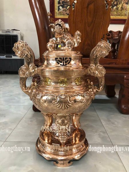 Bộ ngũ sự sòi 60cm đồng đỏ dát điểm vàng chữ