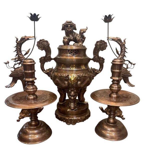 Bộ đỉnh đồng đỏ cao 65cm nặng 48kg song long chầu nguyệt