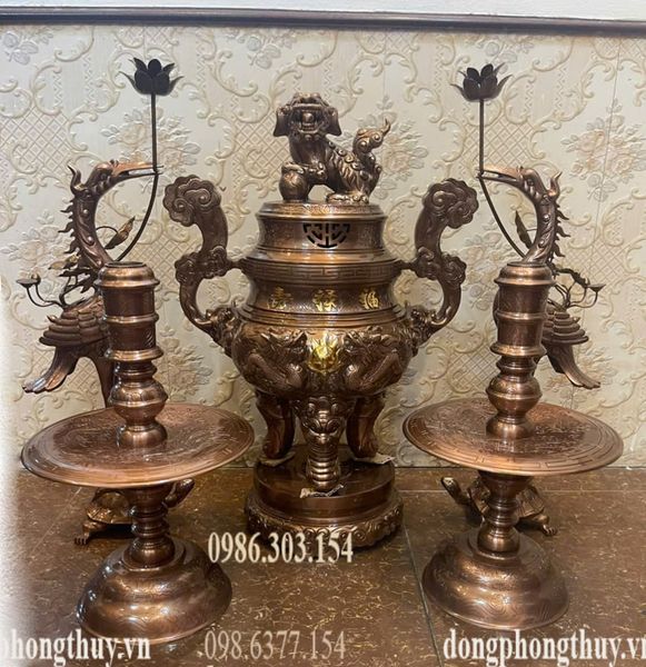 Bộ đỉnh đồng đỏ cao 65cm nặng 48kg song long chầu nguyệt