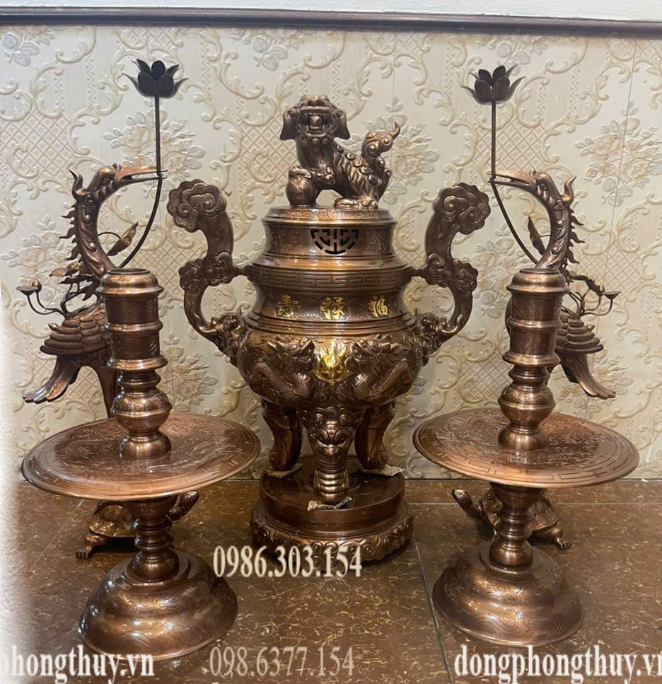 Bộ đỉnh đồng đỏ cao 65cm nặng 48kg song long chầu nguyệt