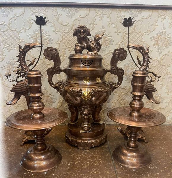 Bộ đỉnh đồng đỏ cao 65cm nặng 48kg song long chầu nguyệt