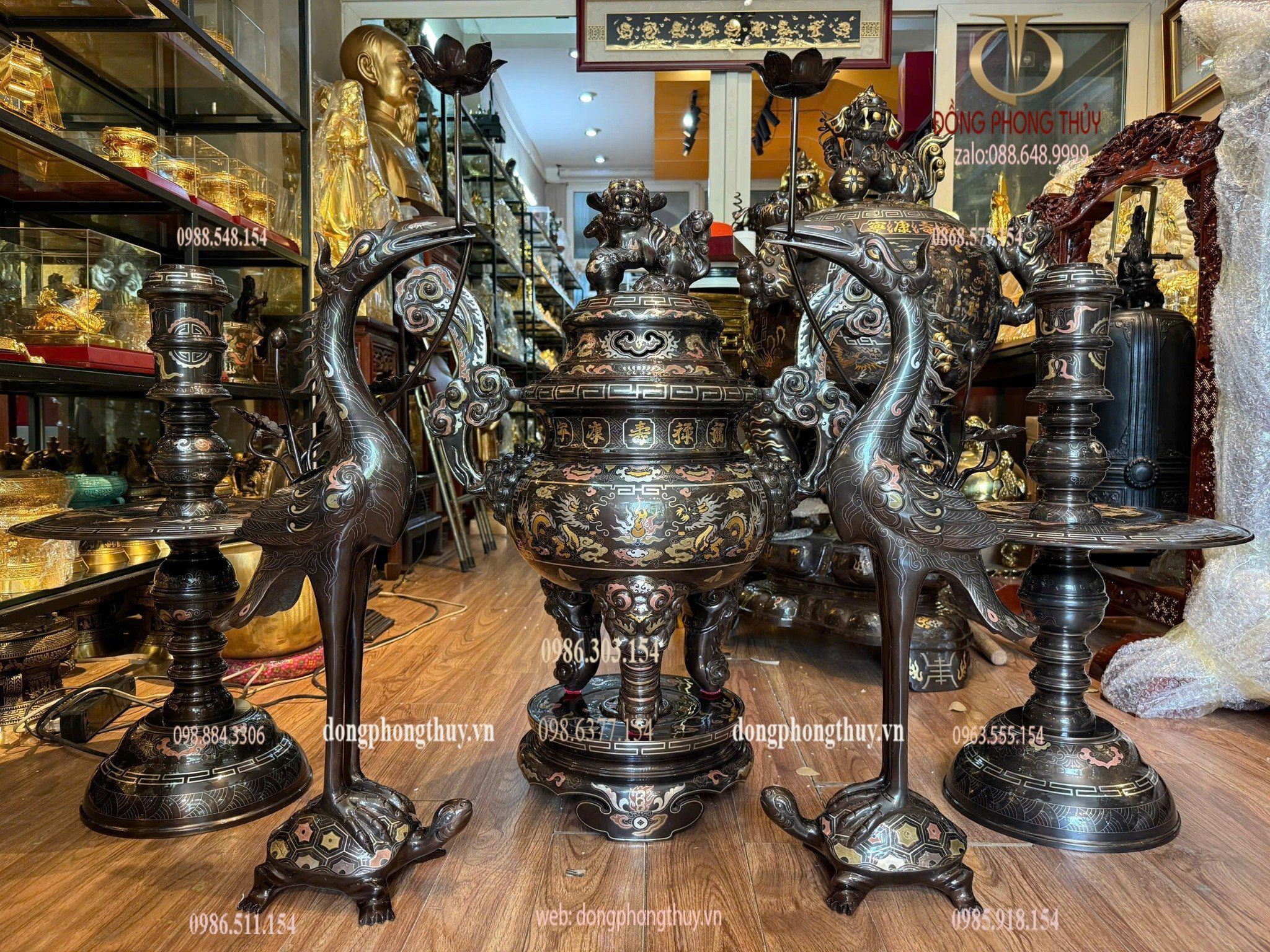 Bộ đỉnh đồng khảm ngũ sắc 80cm nặng 110kg