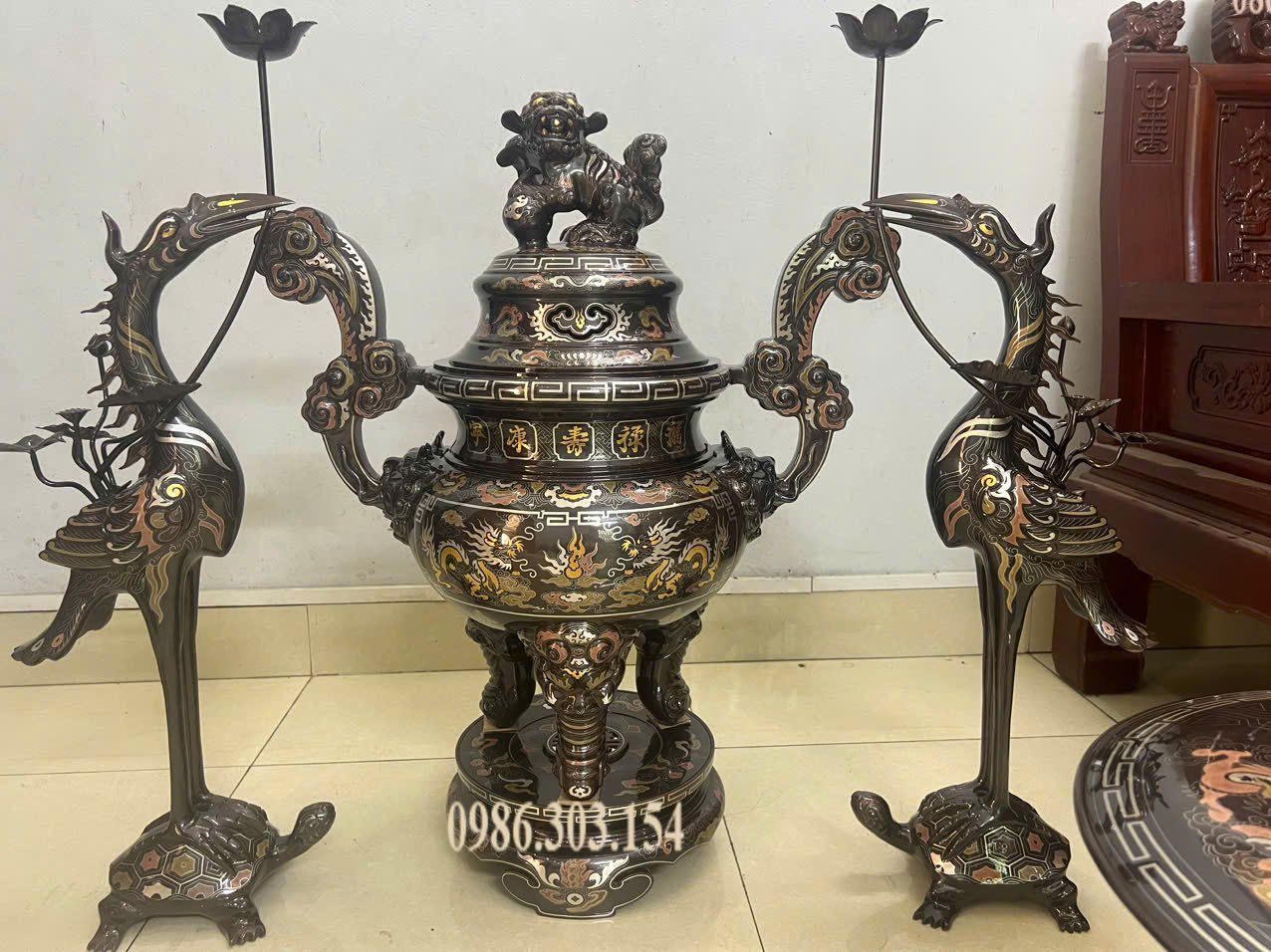 Bộ đỉnh đồng khảm ngũ sắc 80cm nặng 110kg