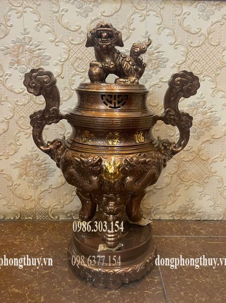 Bộ đỉnh đồng đỏ cao 65cm nặng 48kg song long chầu nguyệt