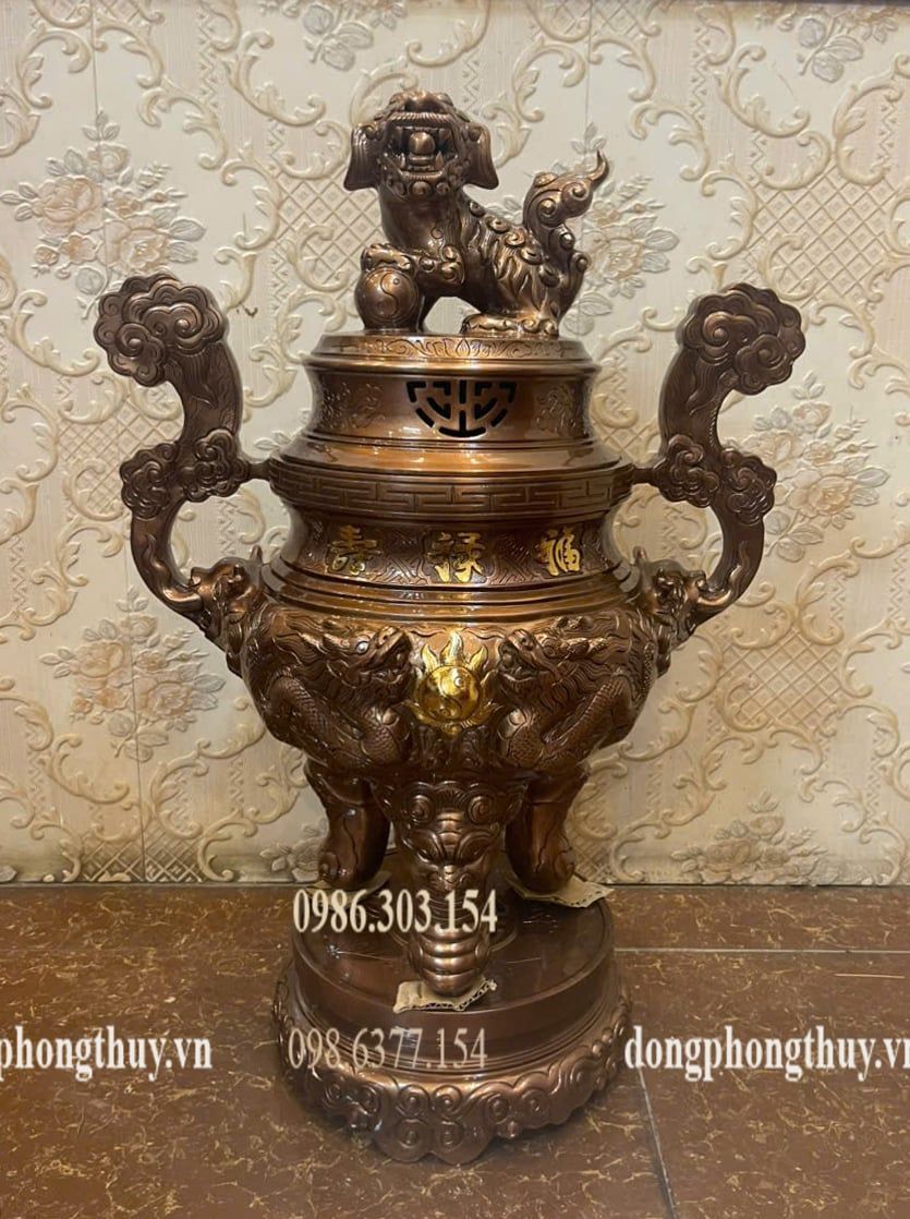 Bộ đỉnh đồng đỏ cao 65cm nặng 48kg song long chầu nguyệt