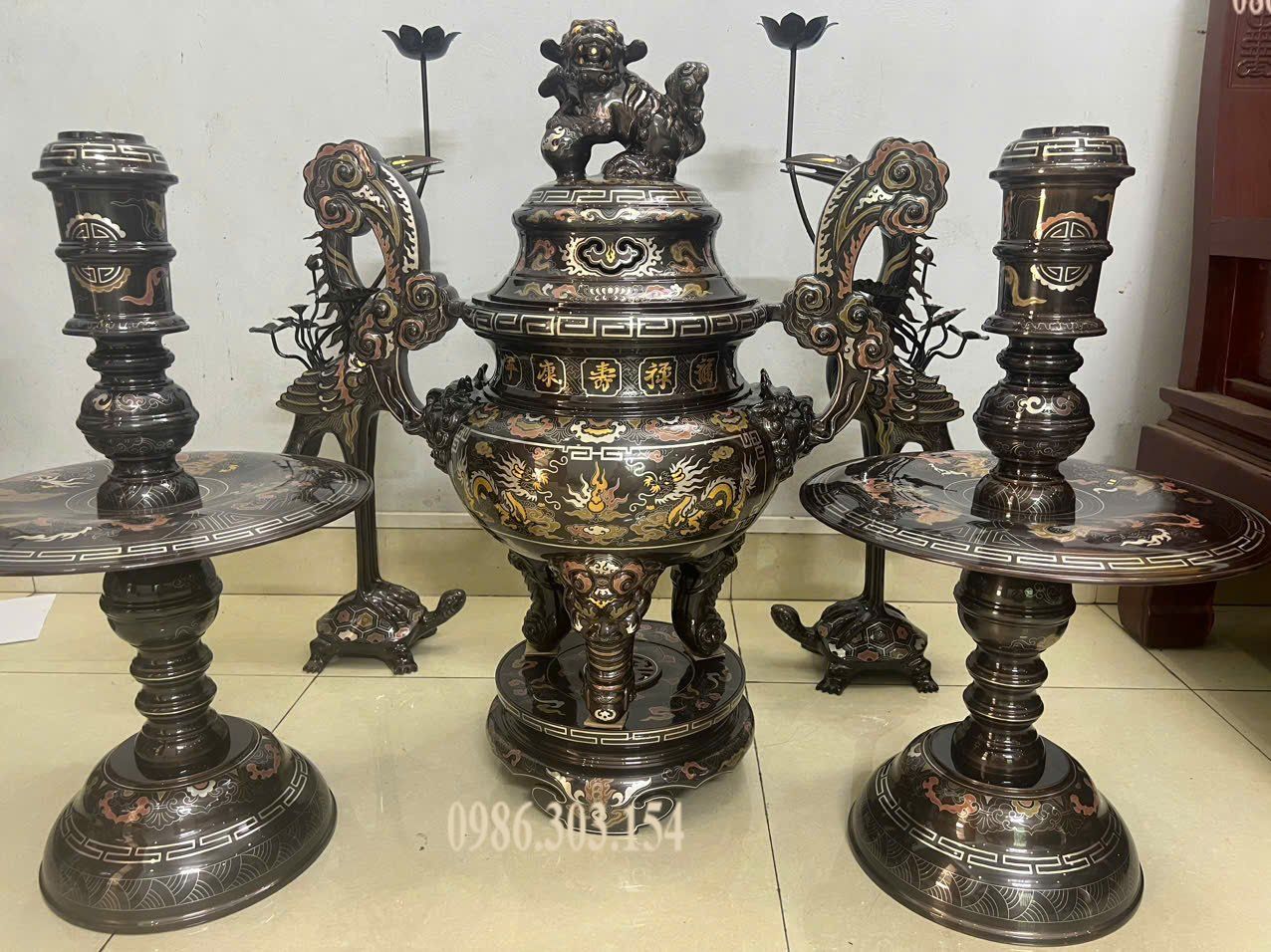 Bộ đỉnh đồng khảm ngũ sắc 80cm nặng 110kg