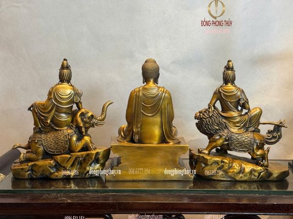 Hoa nghiêm tam thánh bằng đồng cao 30cm màu hun nâu