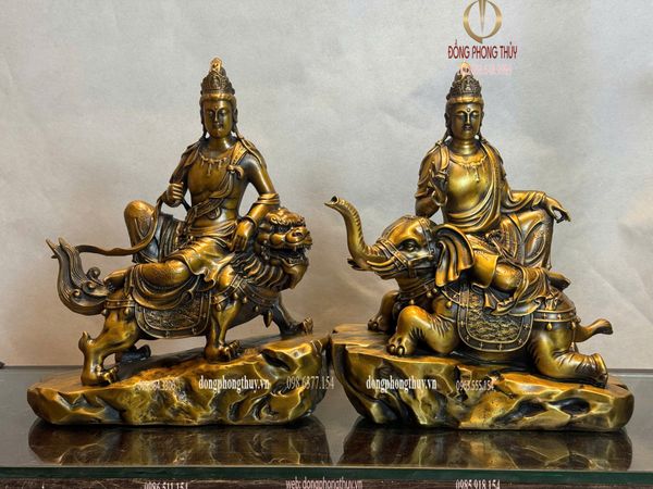 Hoa nghiêm tam thánh bằng đồng cao 30cm màu hun nâu