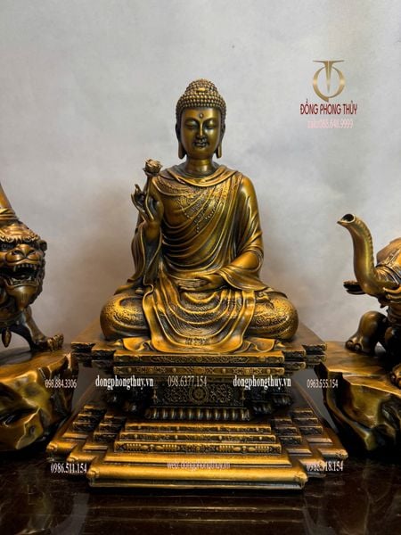 Hoa nghiêm tam thánh bằng đồng cao 30cm màu hun nâu