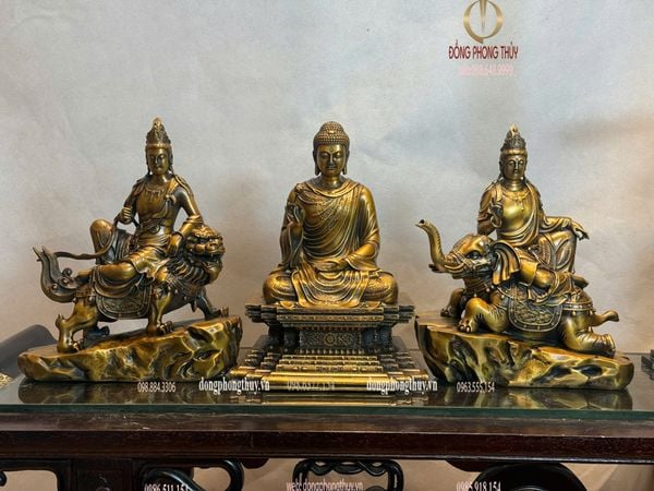 Hoa nghiêm tam thánh bằng đồng cao 30cm màu hun nâu